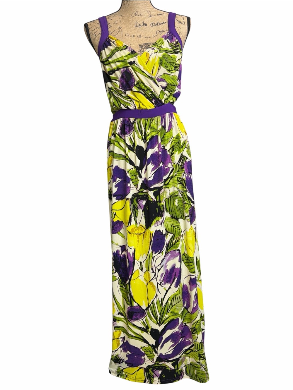 Lane Bryant Yellow, Purple & Green Floral Maxi Dress. EC. Size 14/16